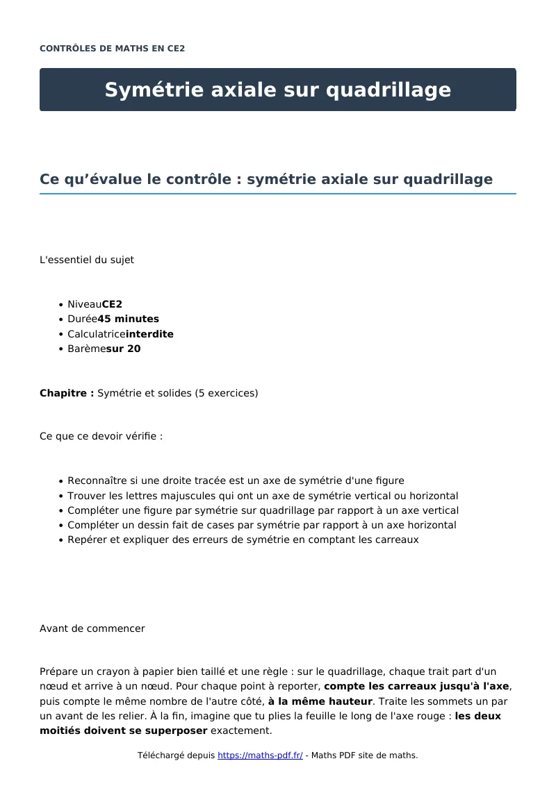Symétrie axiale sur quadrillage : contrôle de maths en CE2 corrigé en PDF