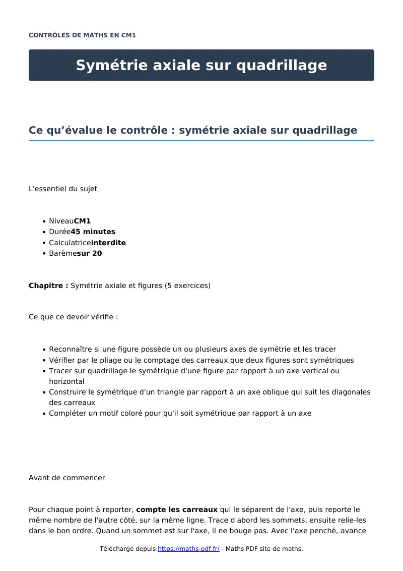 Symétrie axiale sur quadrillage : contrôle de maths en CM1 corrigé en PDF