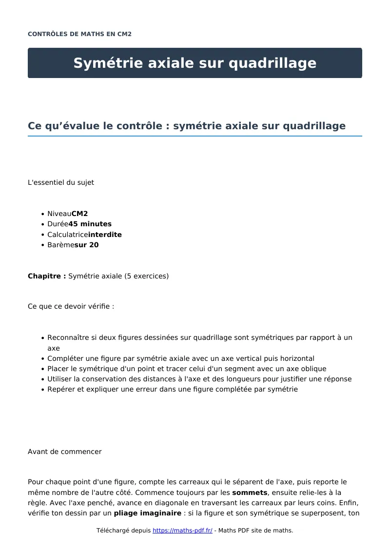 Symétrie axiale sur quadrillage : contrôle de maths en CM2 corrigé en PDF