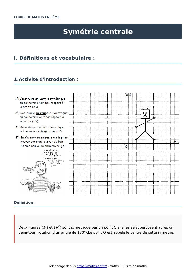 Symétrie centrale : cours de maths en 5ème en PDF