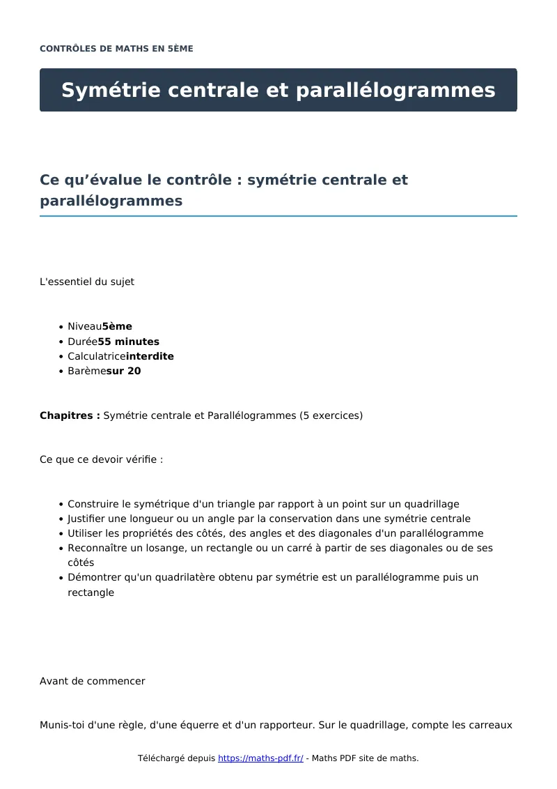 Symétrie centrale et parallélogrammes : contrôle de maths en 5ème corrigé en PDF