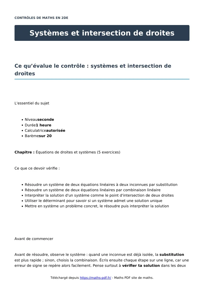 Systèmes et intersection de droites : contrôle de maths en seconde corrigé en PDF