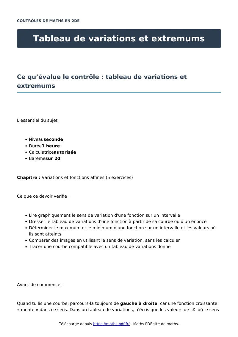 Tableau de variations et extremums : contrôle de maths en seconde corrigé en PDF