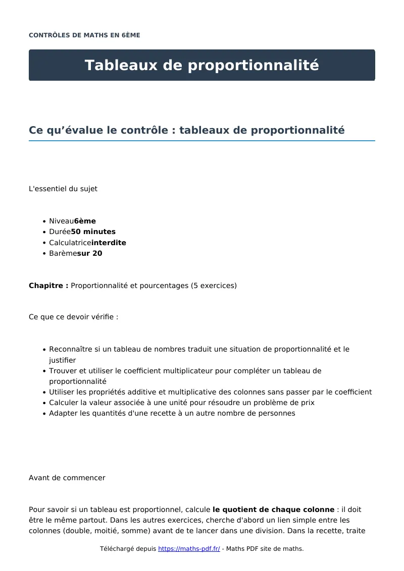 Tableaux de proportionnalité : contrôle de maths en 6ème corrigé en PDF