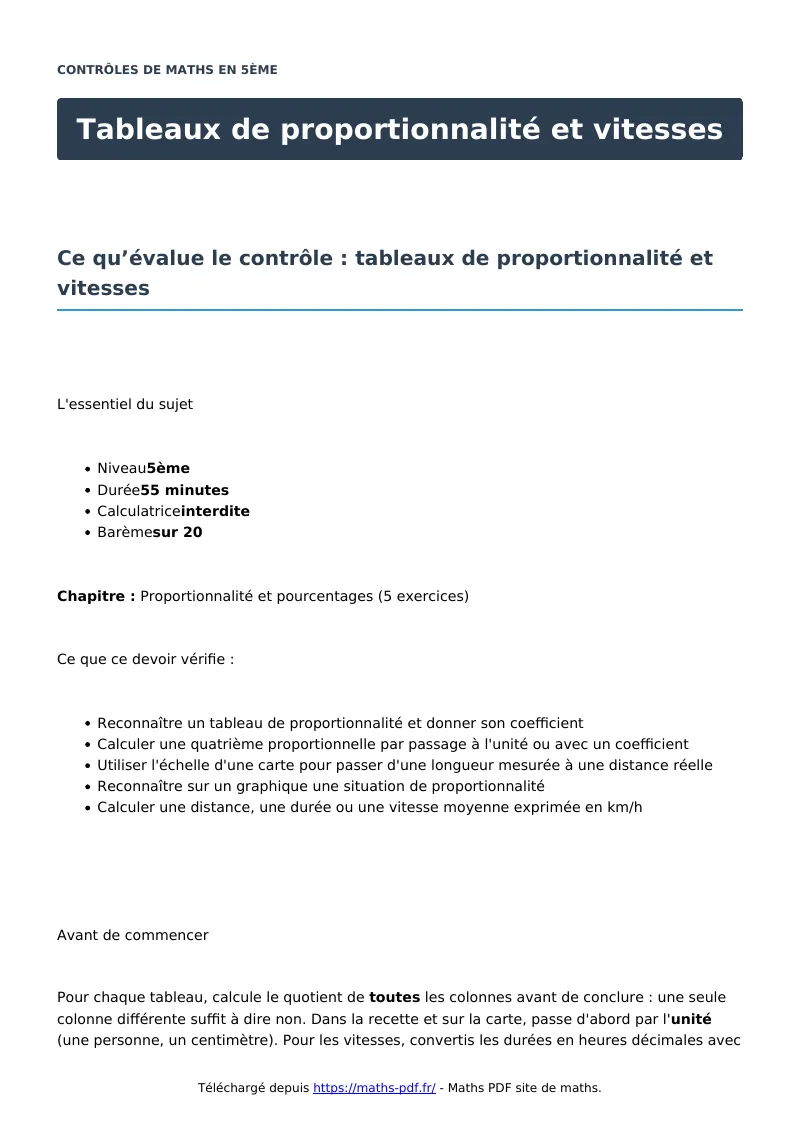 Tableaux de proportionnalité et vitesses : contrôle de maths en 5ème corrigé en PDF