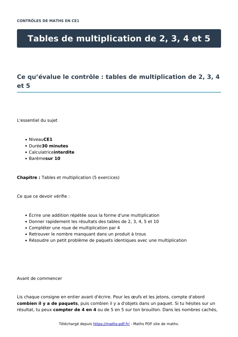 Tables de multiplication de 2, 3, 4 et 5 : contrôle de maths en CE1 corrigé en PDF