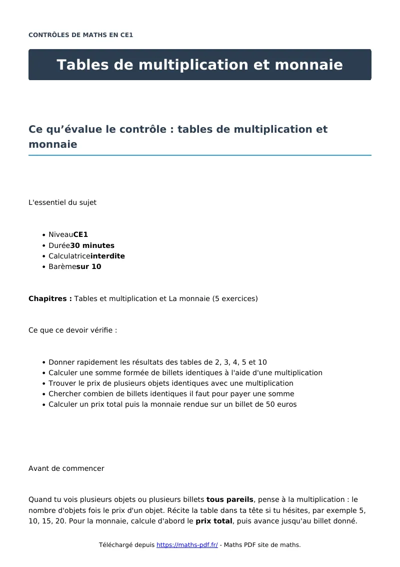 Tables de multiplication et monnaie : contrôle de maths en CE1 corrigé en PDF