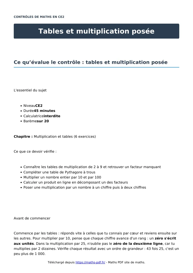 Tables et multiplication posée : contrôle de maths en CE2 corrigé en PDF