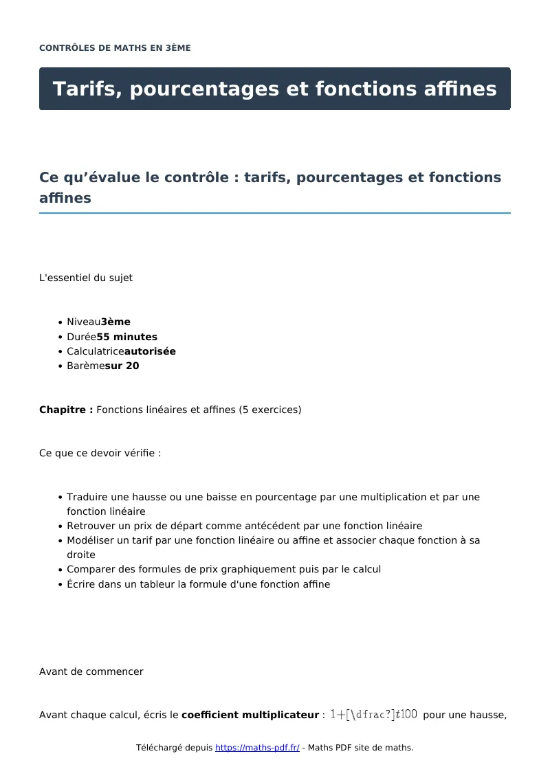 Tarifs, pourcentages et fonctions affines : contrôle de maths en 3ème corrigé en PDF