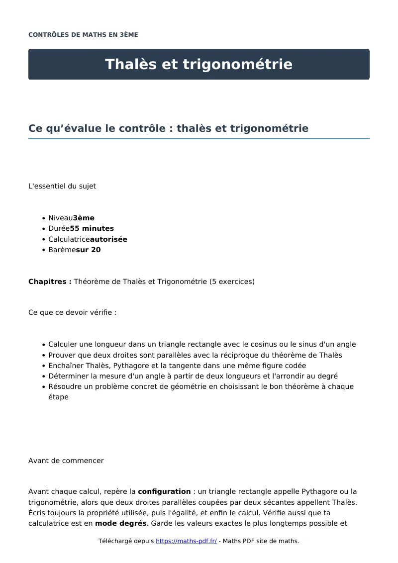Thalès et trigonométrie : contrôle de maths en 3ème corrigé en PDF