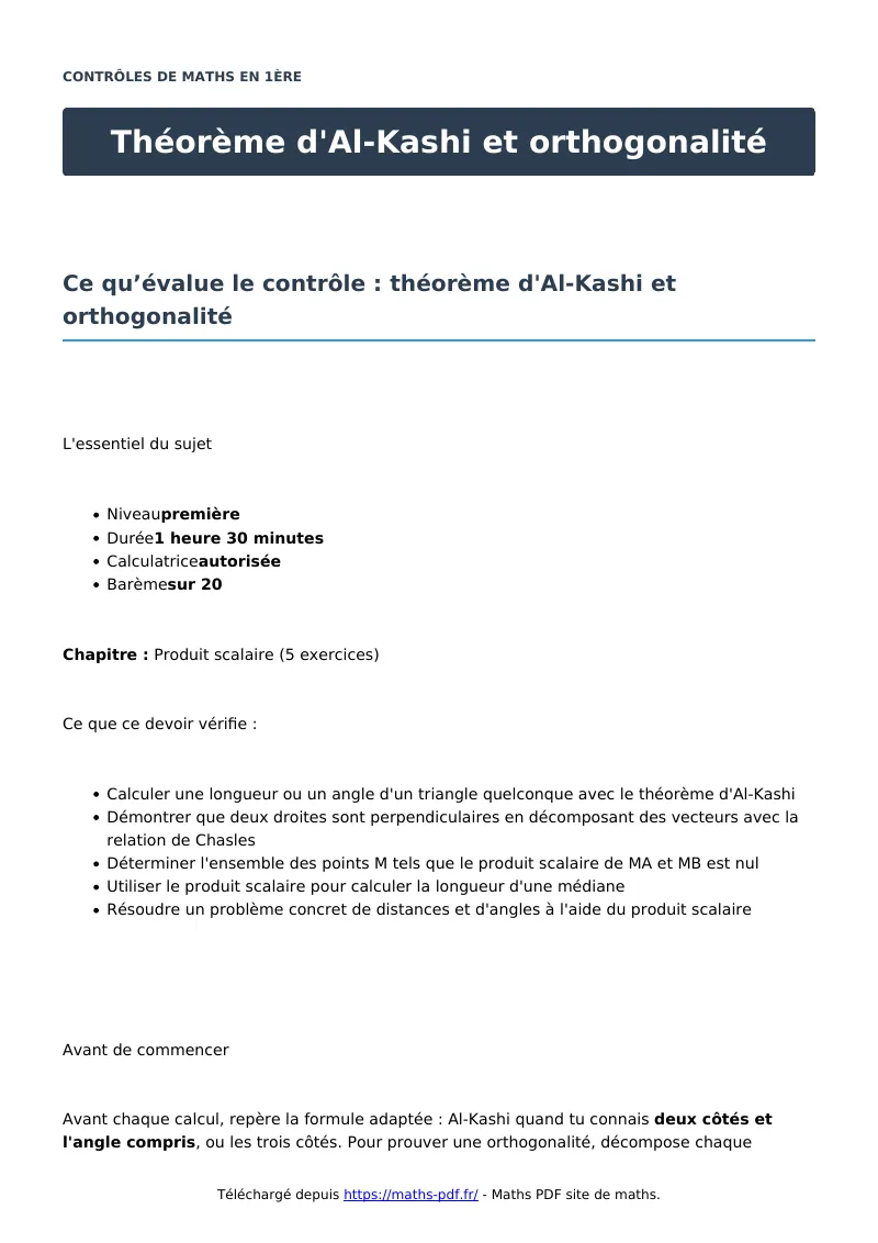 Théorème d’Al-Kashi et orthogonalité : contrôle de maths en première corrigé en PDF