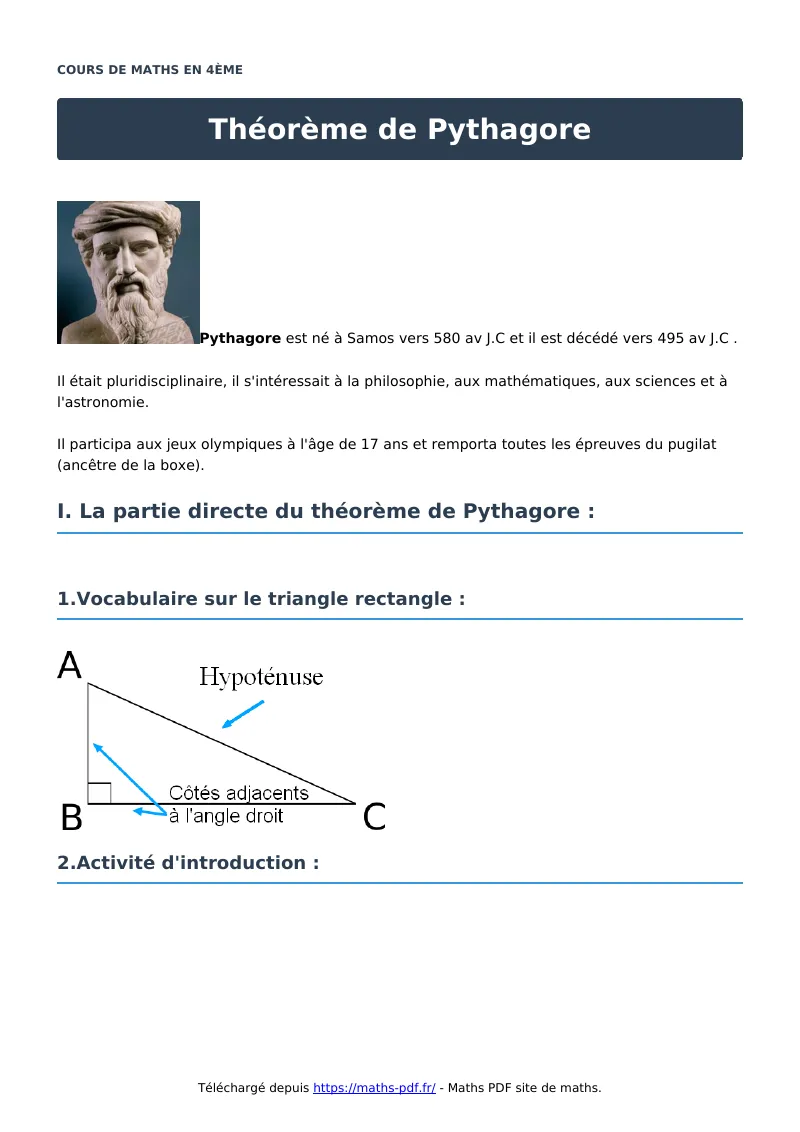 Théorème de Pythagore : cours de maths en 4ème en PDF