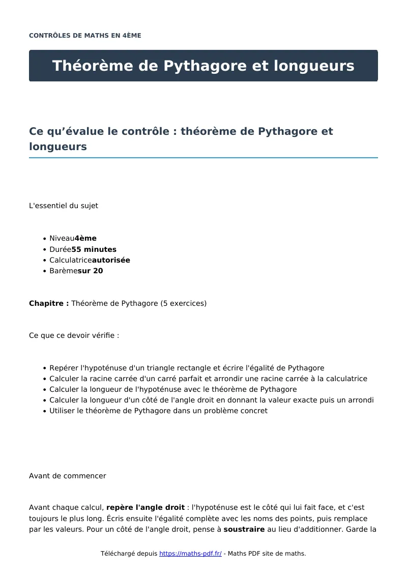 Théorème de Pythagore et longueurs : contrôle de maths en 4ème corrigé en PDF