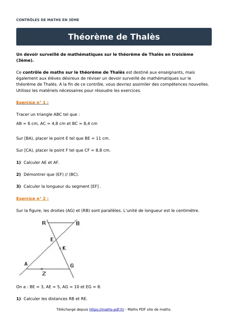 Théorème de Thalès : contrôle de maths en 3ème corrigé en PDF