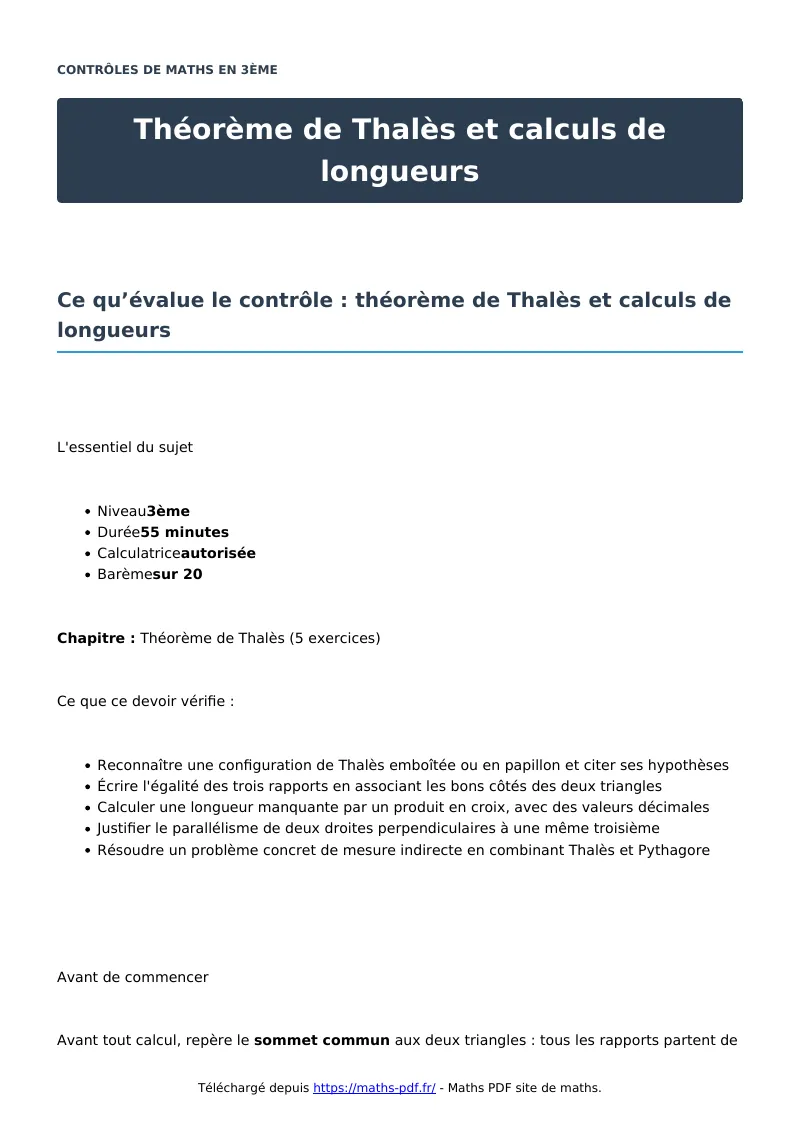 Théorème de Thalès et calculs de longueurs : contrôle de maths en 3ème corrigé en PDF