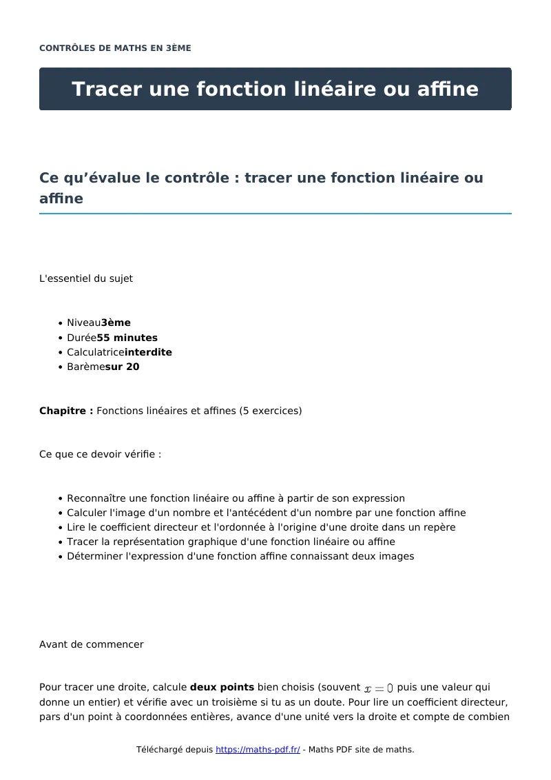 Tracer une fonction linéaire ou affine : contrôle de maths en 3ème corrigé en PDF