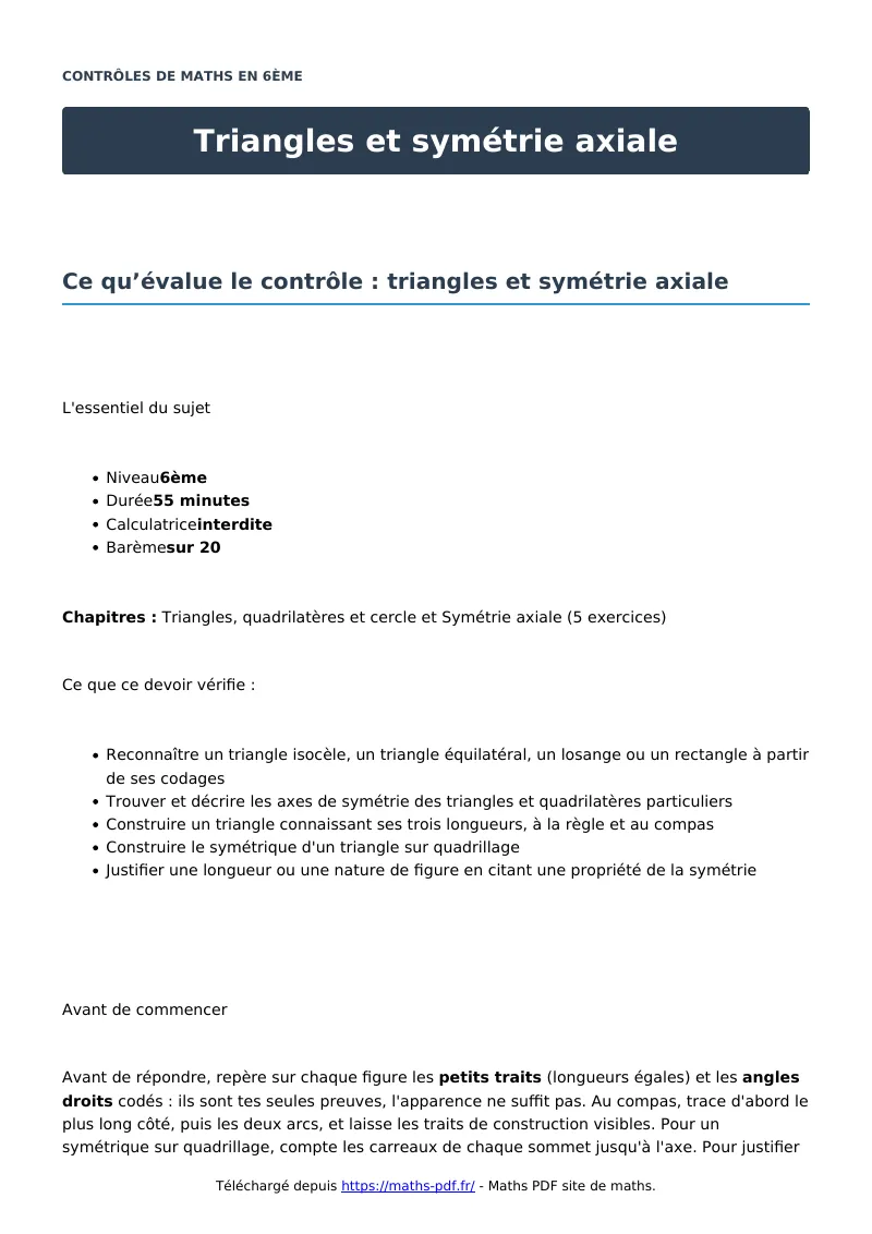 Triangles et symétrie axiale : contrôle de maths en 6ème corrigé en PDF