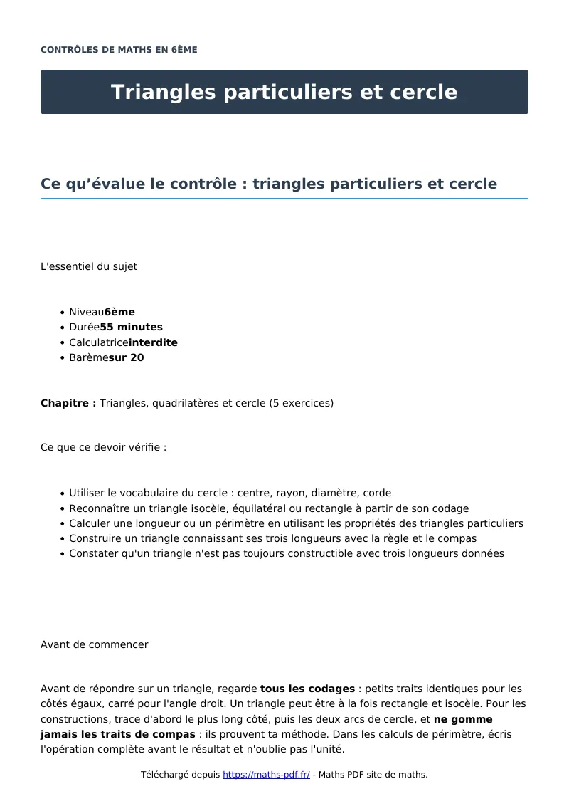 Triangles particuliers et cercle : contrôle de maths en 6ème corrigé en PDF