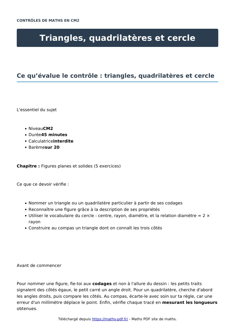 Triangles, quadrilatères et cercle : contrôle de maths en CM2 corrigé en PDF