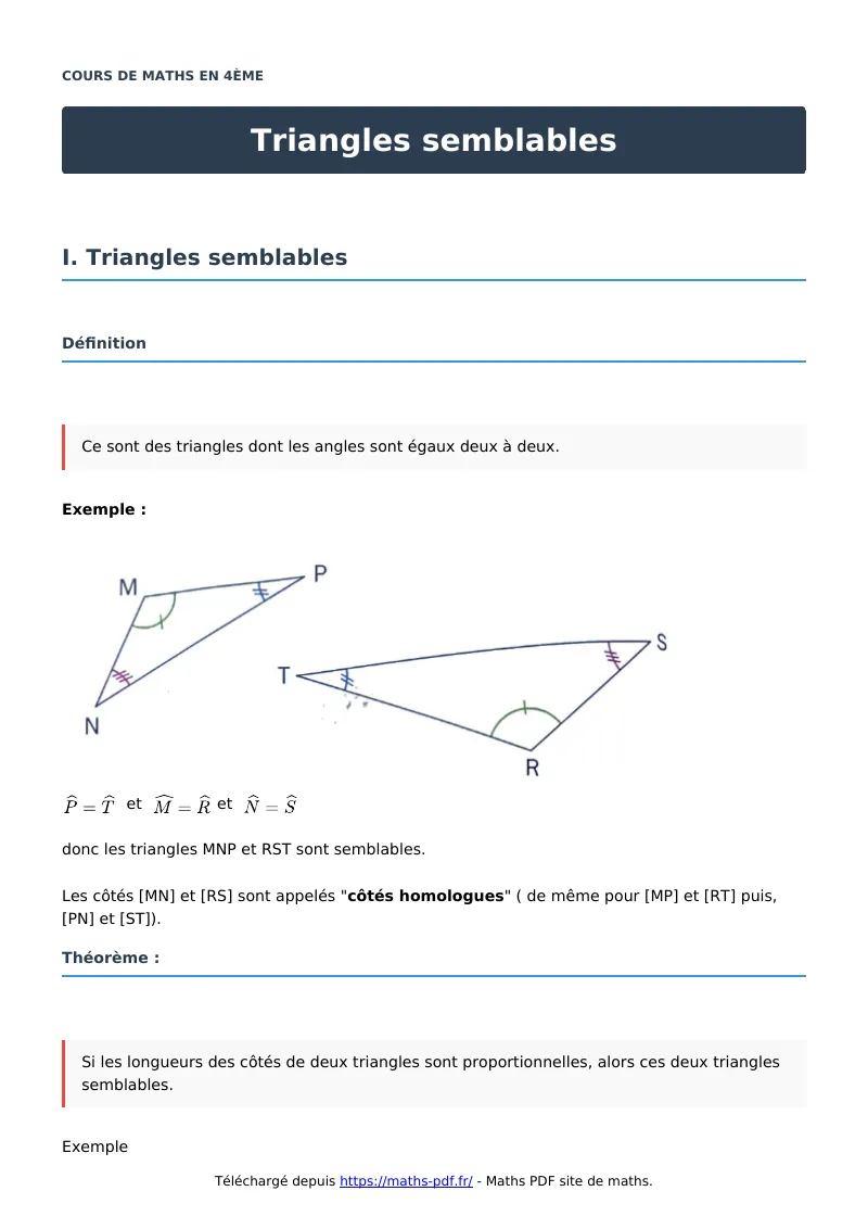 Triangles semblables : cours de maths en 4ème en PDF