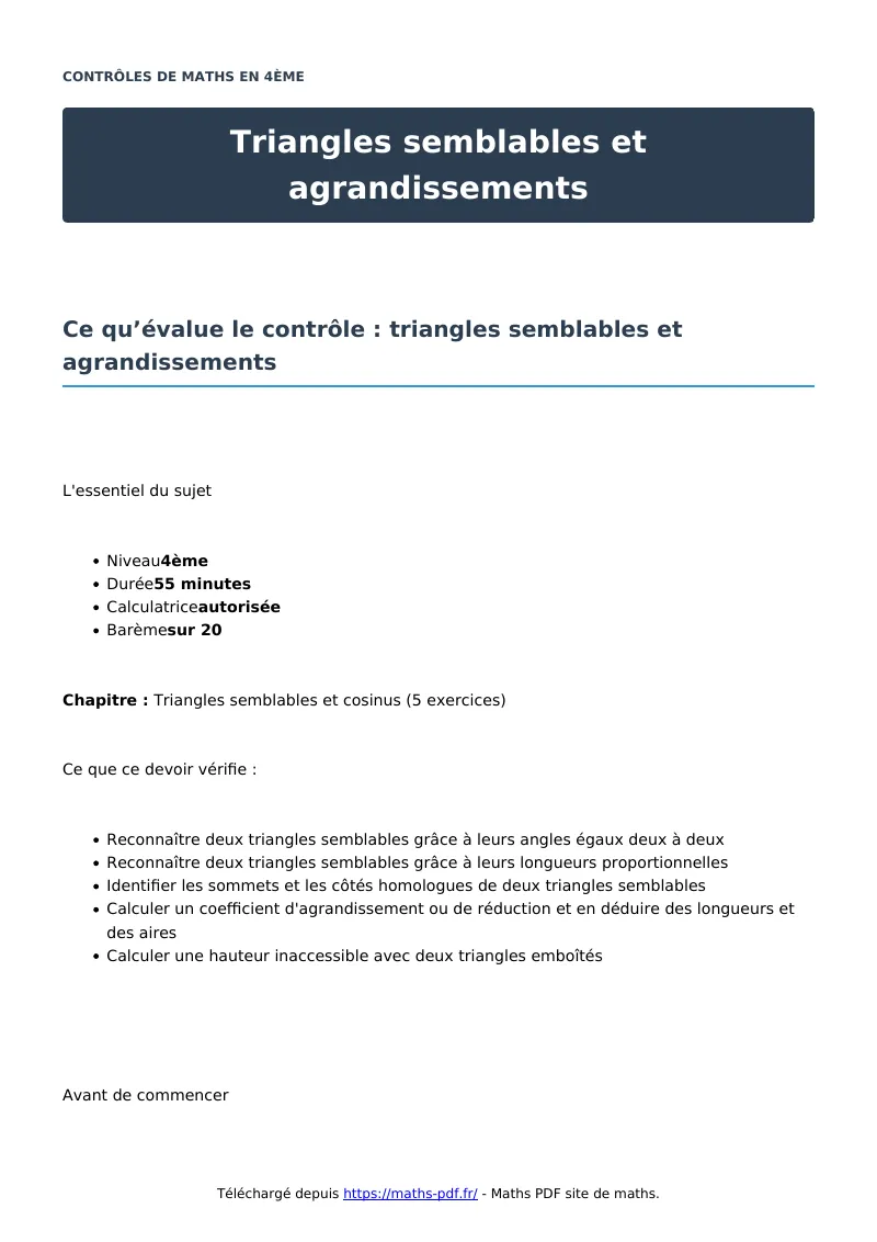 Triangles semblables et agrandissements : contrôle de maths en 4ème corrigé en PDF