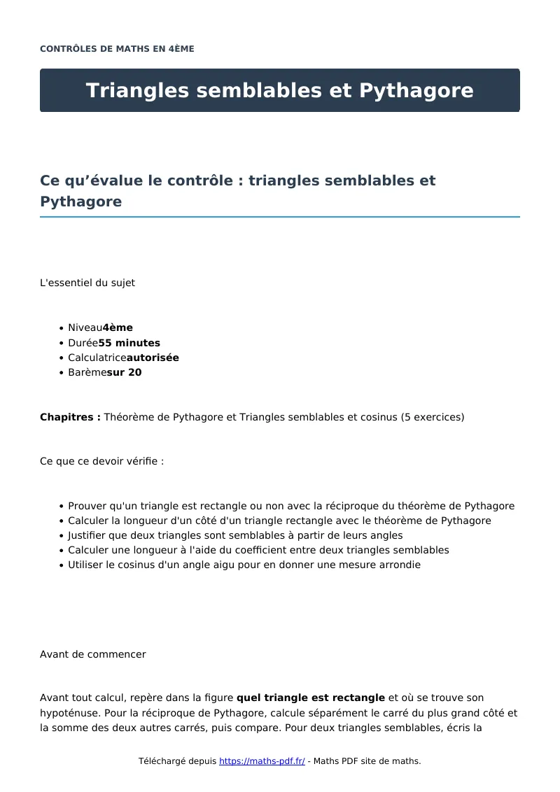 Triangles semblables et Pythagore : contrôle de maths en 4ème corrigé en PDF