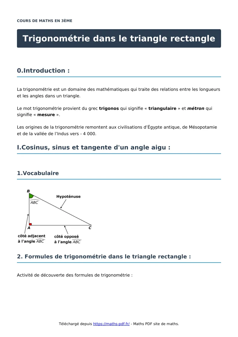 Trigonométrie dans le triangle rectangle : cours de maths en 3ème en PDF