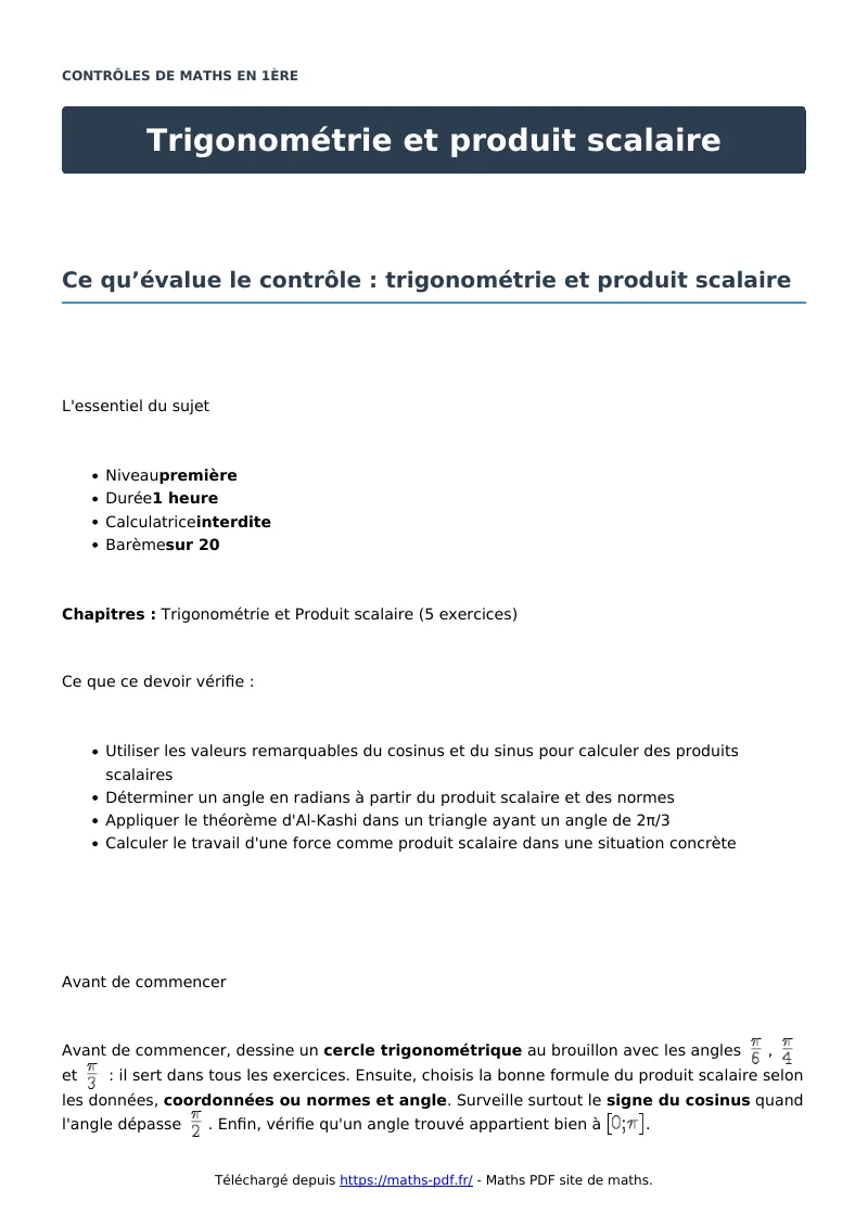 Trigonométrie et produit scalaire : contrôle de maths en première corrigé en PDF