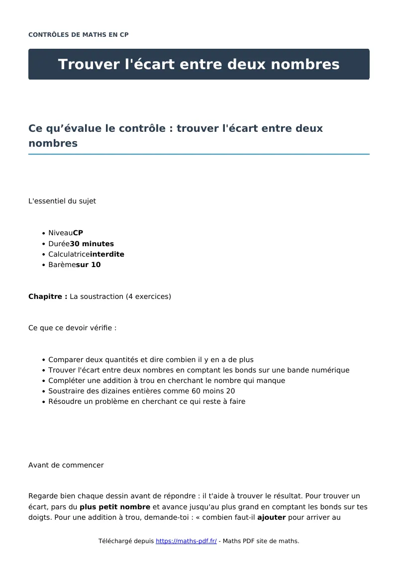 Trouver l’écart entre deux nombres : contrôle de maths en CP corrigé en PDF
