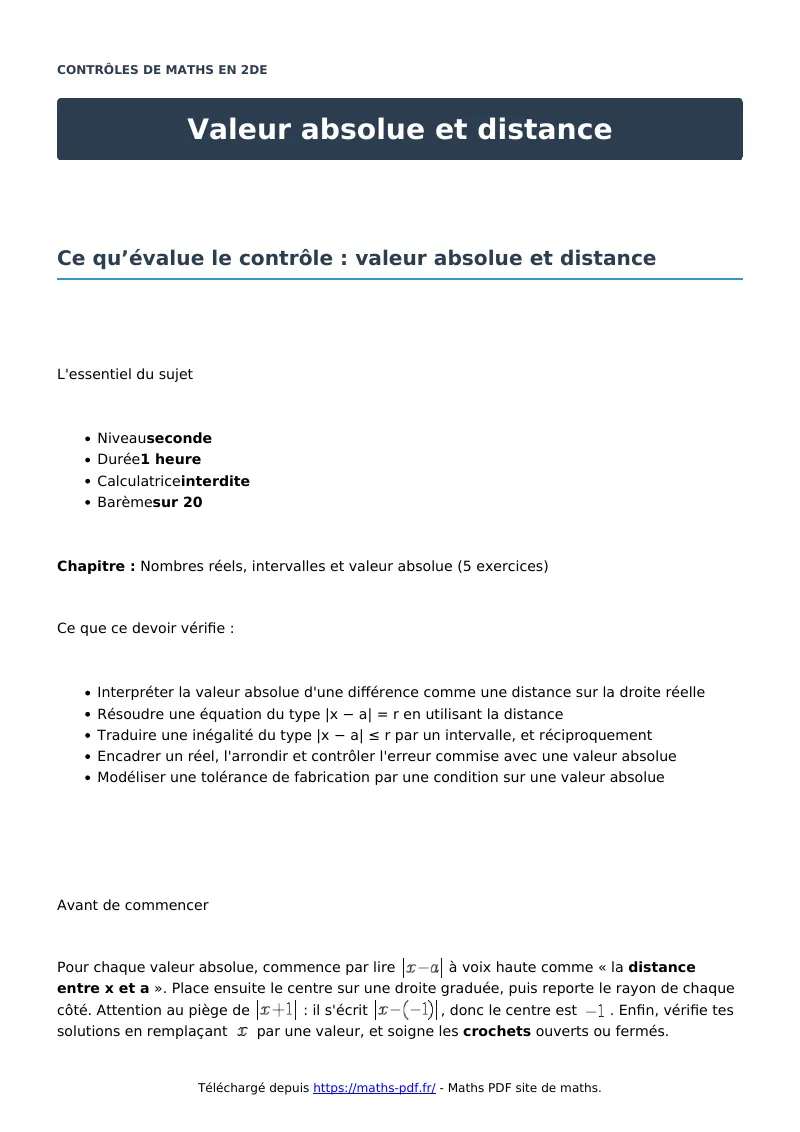 Valeur absolue et distance : contrôle de maths en seconde corrigé en PDF