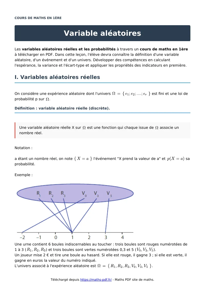 Variable aléatoires : cours de maths en première en PDF