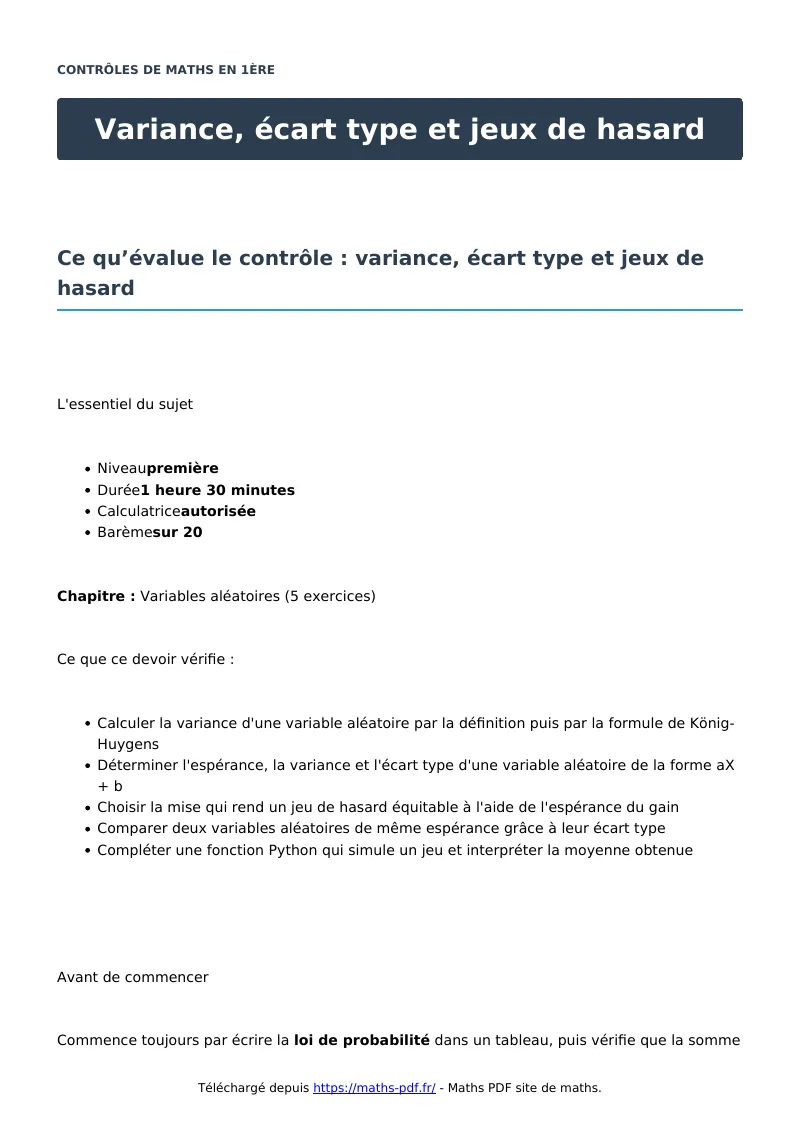 Variance, écart type et jeux de hasard : contrôle de maths en première corrigé en PDF