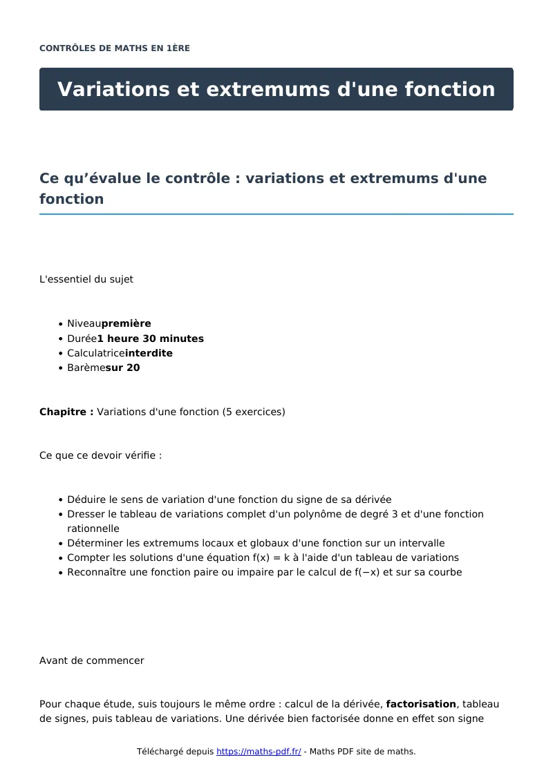 Variations et extremums d’une fonction : contrôle de maths en première corrigé en PDF