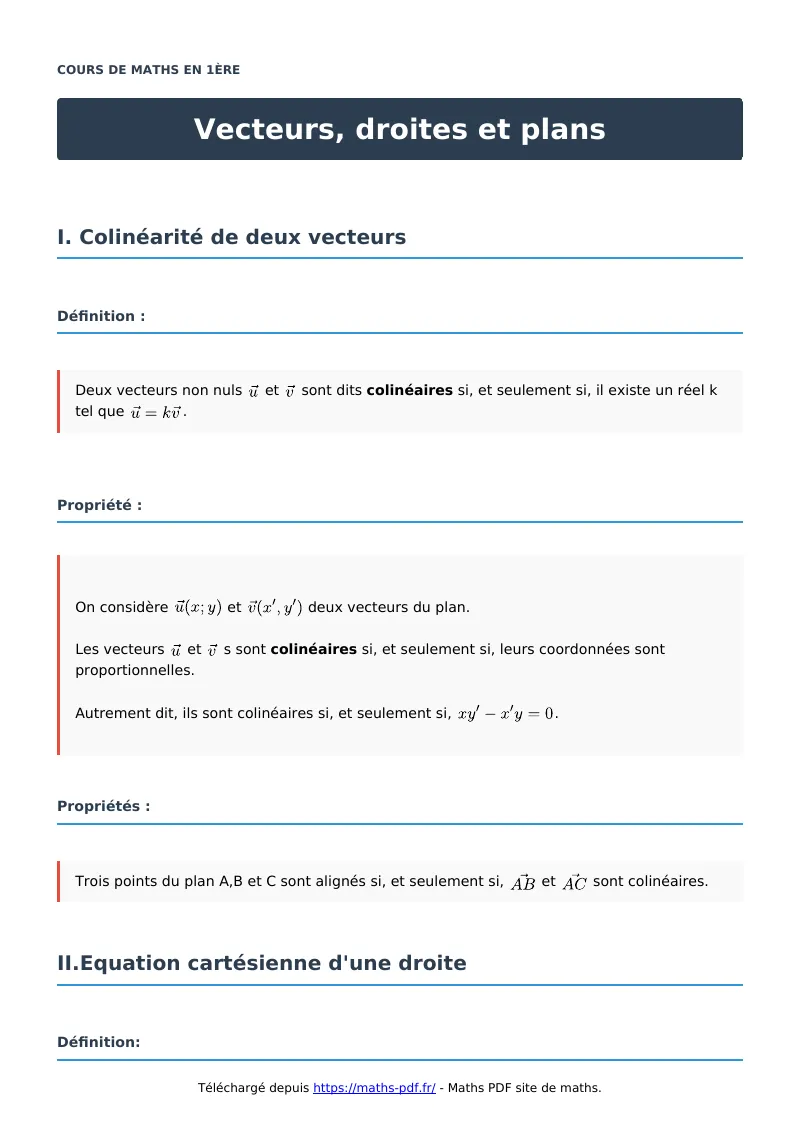 Vecteurs, droites et plans : cours de maths en première en PDF