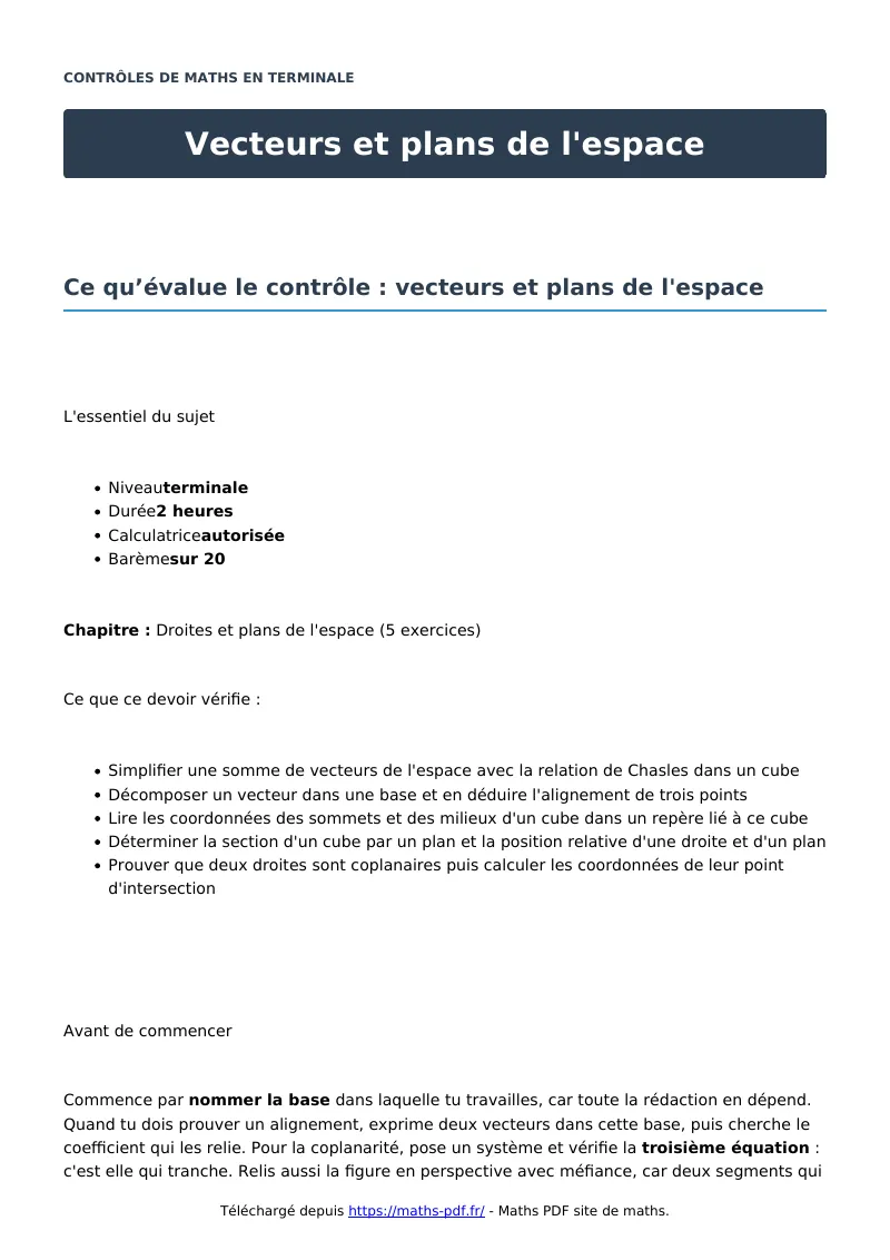 Vecteurs et plans de l’espace : contrôle de maths en terminale corrigé en PDF