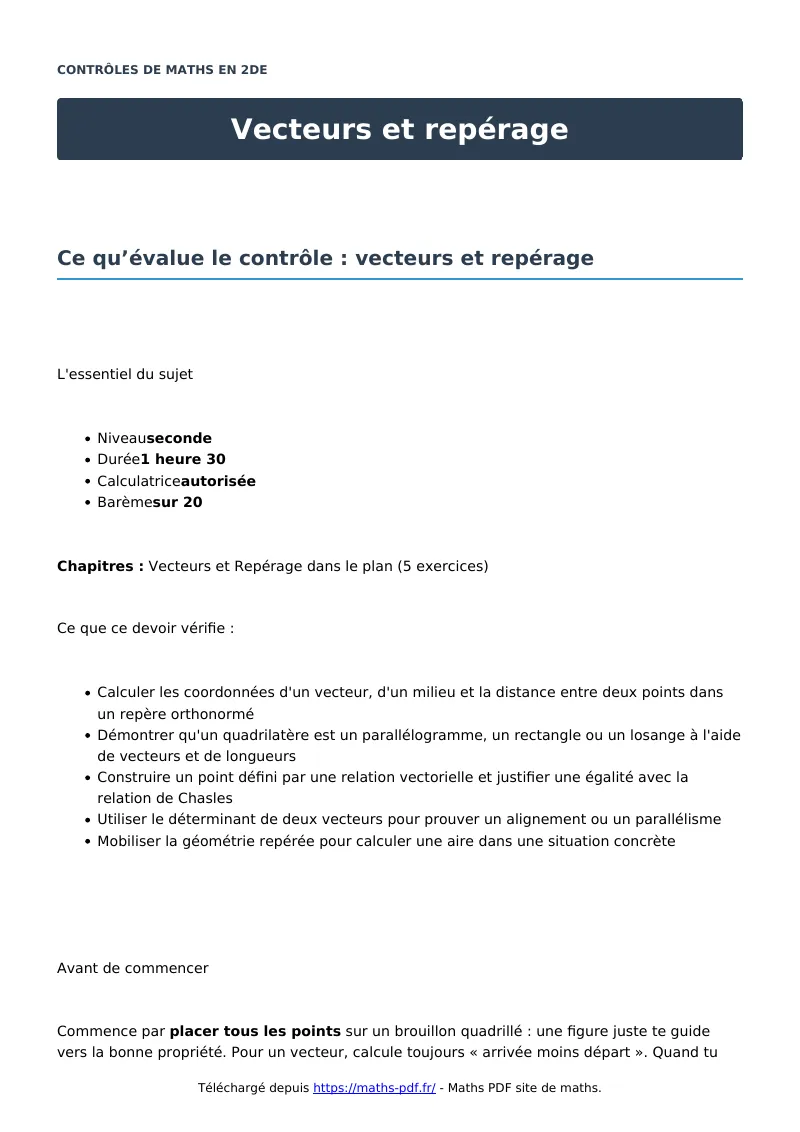 Vecteurs et repérage : contrôle de maths en seconde corrigé en PDF