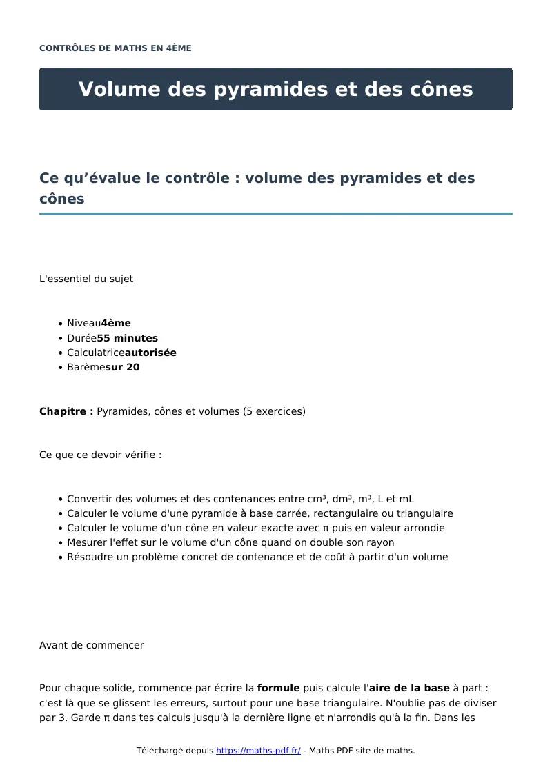 Volume des pyramides et des cônes : contrôle de maths en 4ème corrigé en PDF