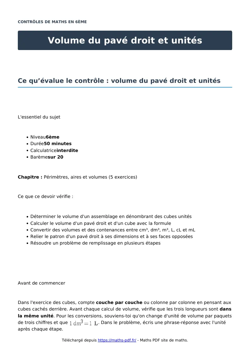 Volume du pavé droit et unités : contrôle de maths en 6ème corrigé en PDF