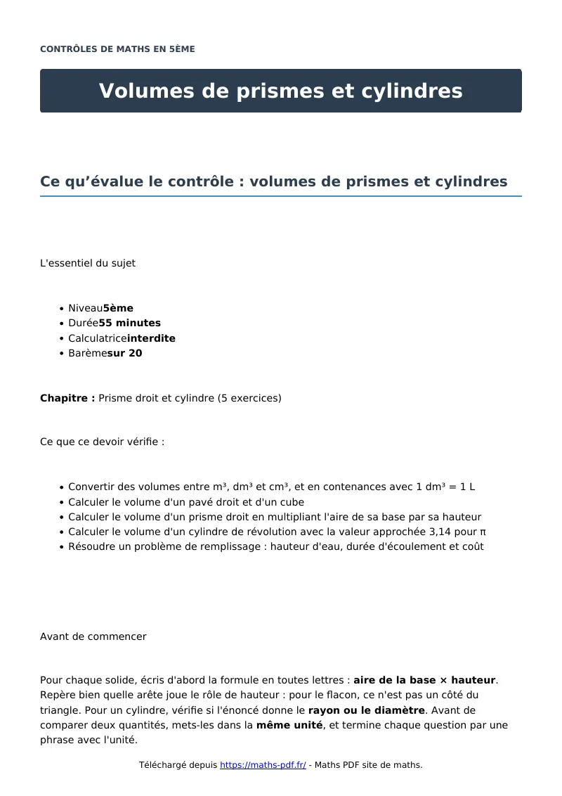 Volumes de prismes et cylindres : contrôle de maths en 5ème corrigé en PDF