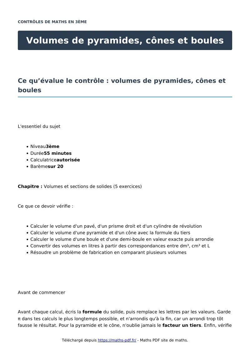 Volumes de pyramides, cônes et boules : contrôle de maths en 3ème corrigé en PDF