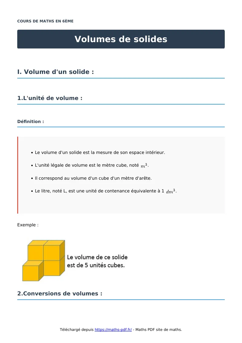 Volumes de solides : cours de maths en 6ème en PDF