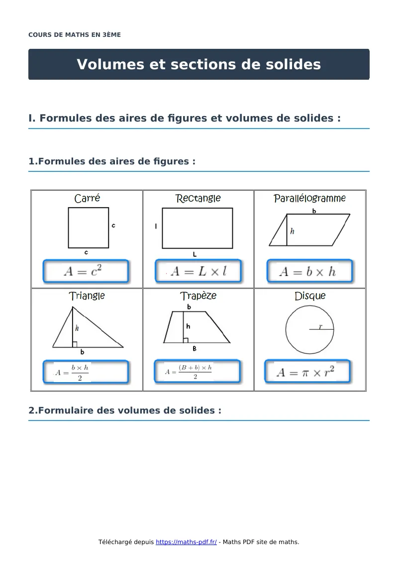 Volumes et sections de solides : cours de maths en 3ème en PDF
