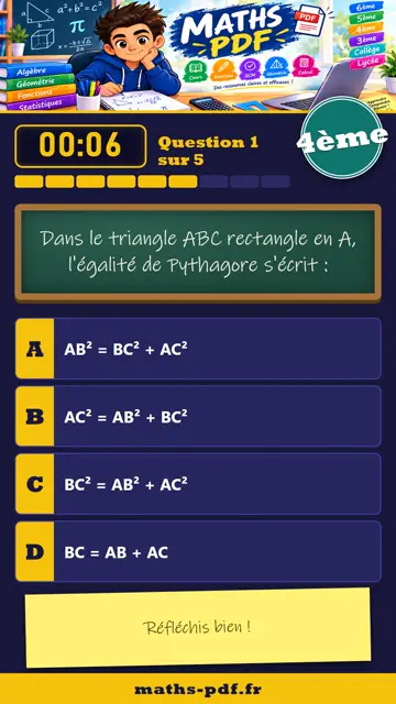 Vidéos QCM maths 4ème : Le théorème de Pythagore, partie 2