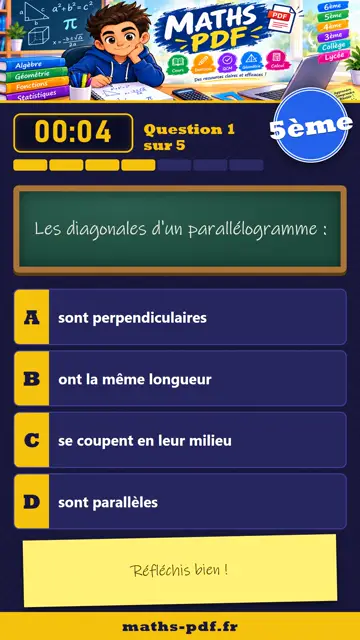 Vidéos QCM maths 5ème : Les parallélogrammes, partie 1