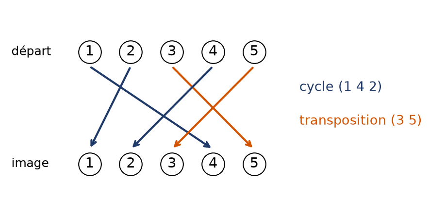 Diagramme en flèches d'une permutation de cinq éléments formée d'un cycle de longueur 3 et d'une transposition