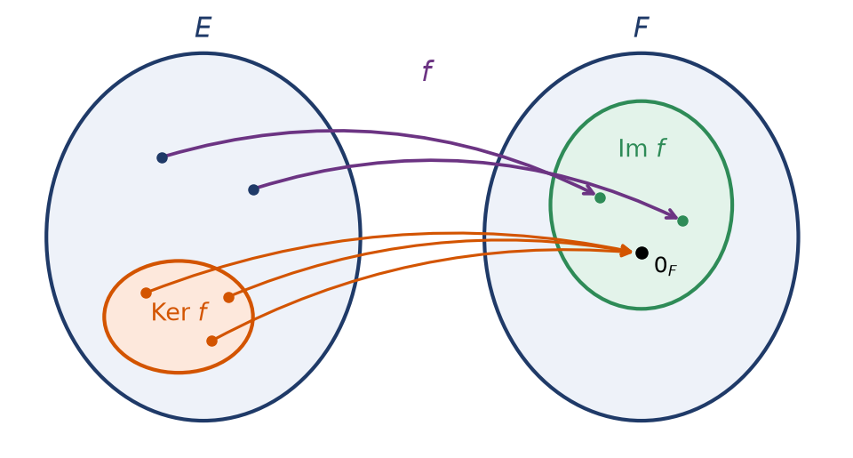 Diagramme en patates : le noyau de f envoyé sur le vecteur nul de F et l'image de f dans F