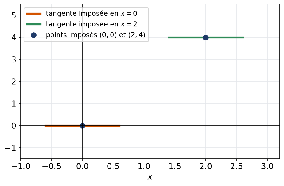 Conditions imposées : passage par les points 0, 0 et 2, 4 avec tangentes horizontales