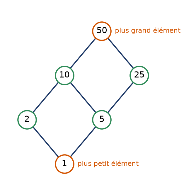 Diagramme de Hasse des six diviseurs de 50 ordonnés par divisibilité, du plus petit 1 au plus grand 50