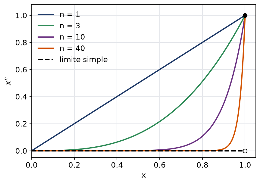 Courbes des fonctions x puissance n sur le segment unité pour plusieurs valeurs de n