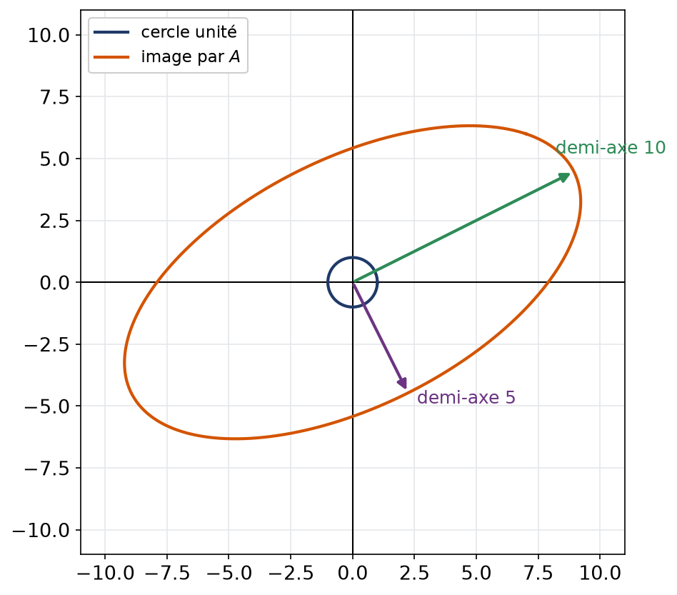 Le cercle unité et son image par la matrice A, une ellipse de demi-axes dix et cinq portés par les directions propres